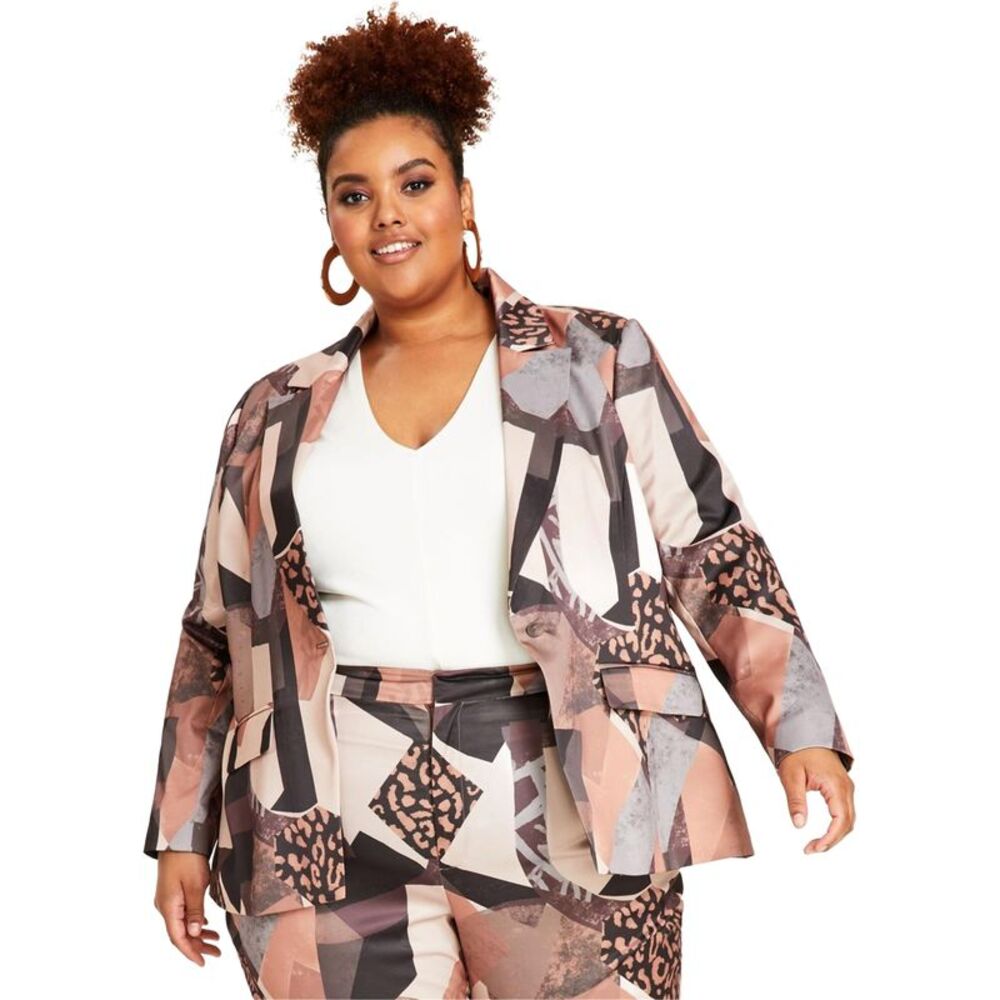 Nina Parker Womens Satin Peak Lapel One Button Blazer Jacket, Brown, Plus Siz...